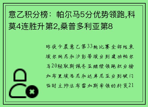 意乙积分榜：帕尔马5分优势领跑,科莫4连胜升第2,桑普多利亚第8