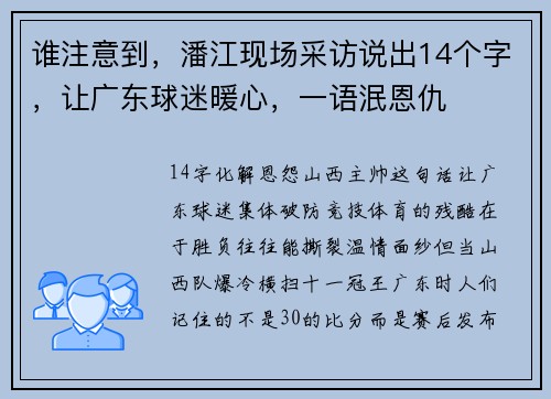 谁注意到，潘江现场采访说出14个字，让广东球迷暖心，一语泯恩仇